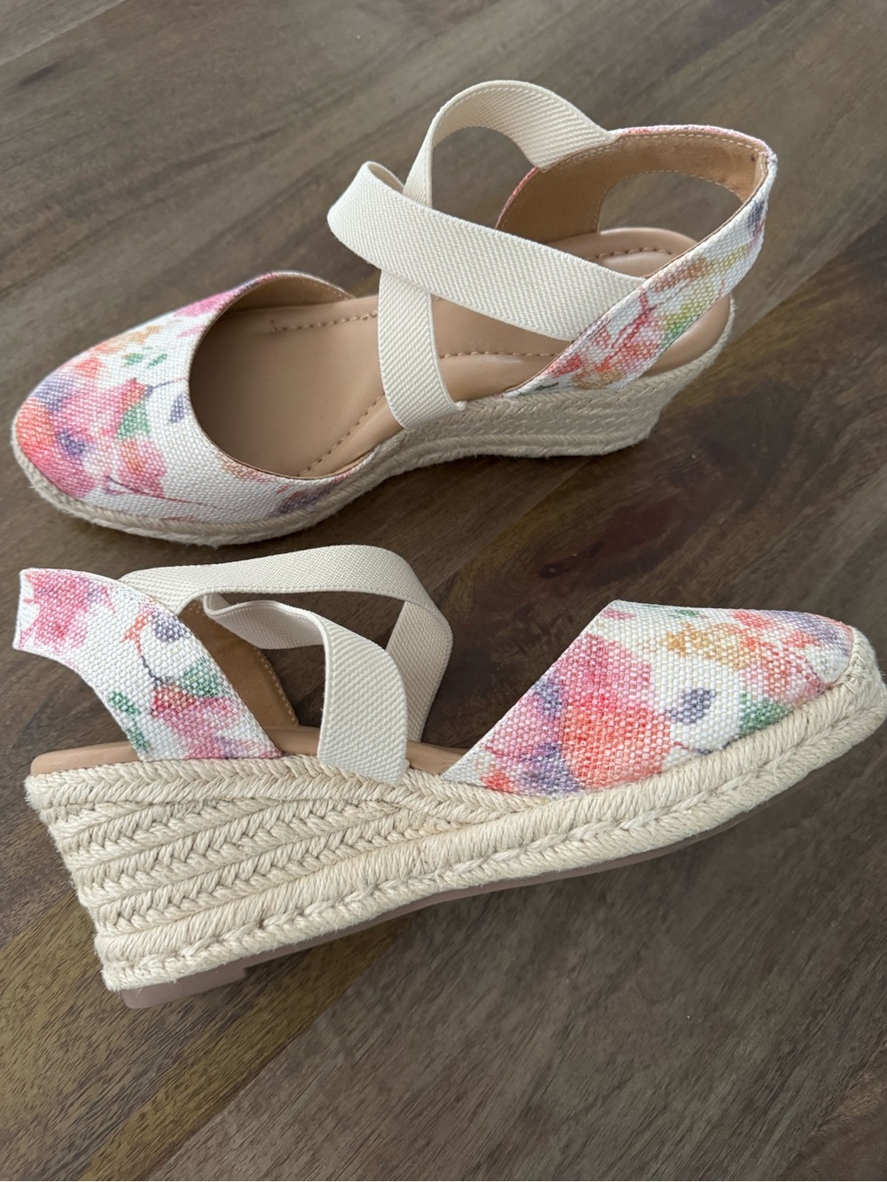 Easy Spirit Floral Canvas Espadrille Wedges - Cream Straps